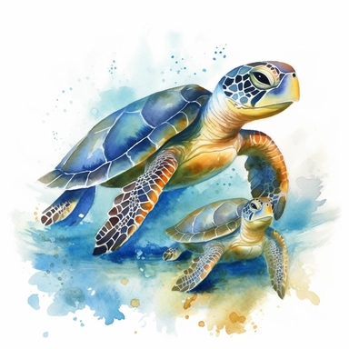 Watercolor clipart . Sea Turtle Motherly Love: Illustrate a sea turtle with its hatchlings, emphasizing the nurturing bond between a mother and her babies. The sea turtle proportion is same as real sea turtle, Left some white empty space around the image frame,