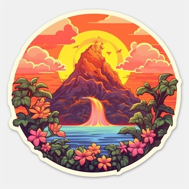 volcano erupting, close up, a sticker, artwork of t shirt graphic of majestic forest, in digital painting style , beautiful flowers, sunset mountains and clouds , big vines, stone temple covered in vines, white background, colorful fantasy flower surround, highly detailed clean, vector image, photorealistic masterpiece, professional photography, realistic, flat white background, isometric, vibrant vector, clipart, illustration, realism, 4k, , cinematic, front view, white background, paradise, ex