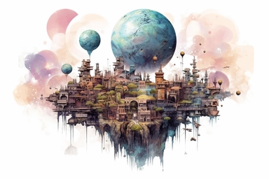 Watercolor, Imagine a planet with a cityscape made entirely of ethereal, floating platforms clipart, hd, on a white background, spaced out