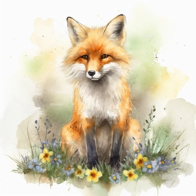 Watercolor clipart of a curious woodland fox with bright orange fur, bright green eyes, and fluffy tail in full display, the fox is tilting its head as if listening intently, nestled within a patch of vivid bluebells on a warm spring day, peaceful and serene atmosphere filled with soft sunlight, Illustration, digital watercolor using a textured brush for a hand-painted effect,