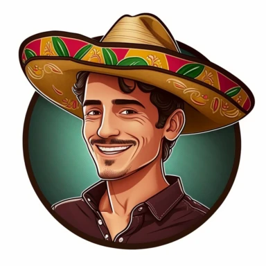Pretty smiling Mexican young man wearing a sombrero, sinco de mayo background, realistic cartoon-style clipart sticker