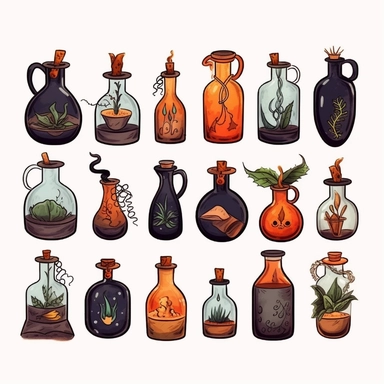 Witches inventory, flasks, illustrated clipart, minimalist, isolated white background, 8k