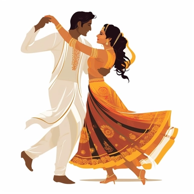 Indian bride and groom dancing simple indian folk art style image white background vector clip art