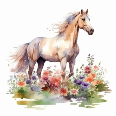 detailed watercolor clipart, photography style, beautiful horse, in a meadow, full body, spring floral,self shadow, white background