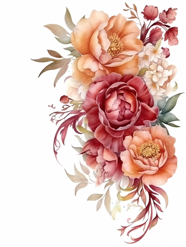 clear watercolor burgundy and peach peonies in corner arrangement border, hyper detailed, high definition, ultra realistic, clipart, white background,
