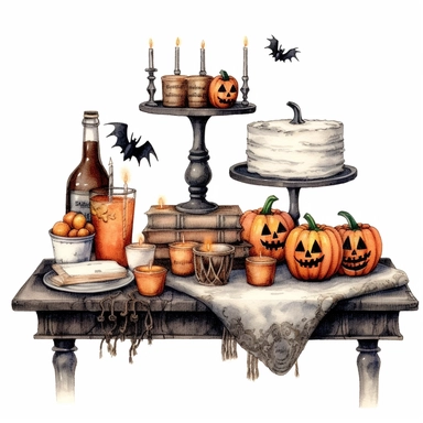 simple, vintage Halloween party table, clipart style, color pencil technique, super high quaility, high resolution on a white