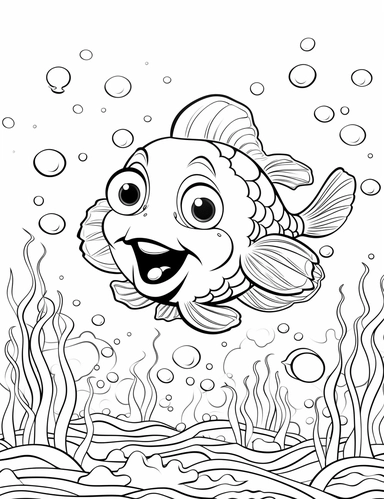 Joyful Coral Fish - Discover a kawaii fish swimming among vibrant coral reefs, its expression radiating pure joy. For Simple Coloring page,line art, thick lines, black and white,clipart, illustration, on white background,Detailed,Details