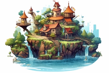 A vector clipart of a mystical floating island in a fantasy village, with cascading waterfalls, floating vegetation, and mythical creatures, in the style of surreal and vibrant vectors, viewed from a breathtaking perspective, hd, spaced out, on a white background