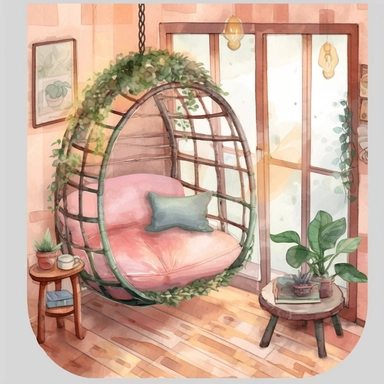 cozy Cottage Watercolor pink, brown, and green with watercolor effects, bright colors, Floral Southport Patio Egg Swing Chair A cozy reading nook with a huge window that lets in cinematic daylight plants emerge from it clipart png 4k, 8k