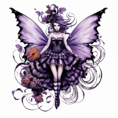 Halloween fairy, clipart, large purple,wings, black white stripes, pumpkin, isolated on white background, in the style of Amy Brown, beautiful fall floral, bright color, crisp lines, chaos 8