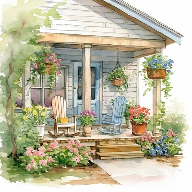 watercolor Close look of Farmhouse Porch, rocking chairs, flowers in pots Clipart