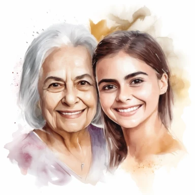 smiling old hispanic mom and adult hispanic daughter with watercolor effect, realistic faces, mothers day, suitable for digital clipart, magic scene, white background