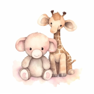 whimsical watercolour clip art pastel beige nursery baby giraffe and elephant soft toys  - <@1098423716465102849> (Waiting to start)