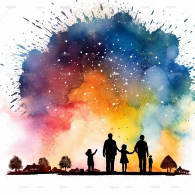 clipart, watercolor pastel fireworks in night sky with silhouettes of families watching, watercolor, white background, v 5.1 s 99