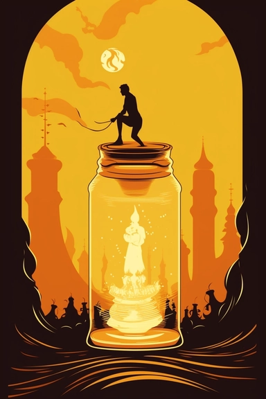1920 retro poster, clipart vector art, a candle inside the bottle of fairy milk, in the style of unreal engine, semi-figurative, sumatraism, amber, sovietwave, chilling creatures, luminist