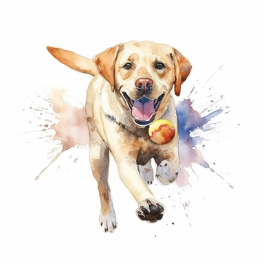 Labrador Retriever, Playing Fetch, watercolor, Clipart, white background, no text, no caption