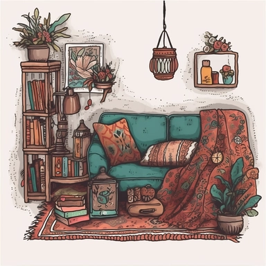 cozy liveroom boho, object, inside border, clipart