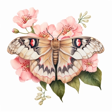 a female Chinese moon moth, surrounded by pink and coral flowers, romantic bloomcore, beautiful beyond belief, photo clipart on solid white background
