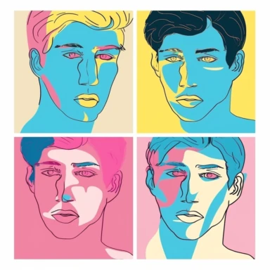 face illustration cartoon portraits face line illustration human face clipart silhouette, in the style of pink and azure, pop art style, handsome, light yellow and light navy, vibrant figurative expressionism