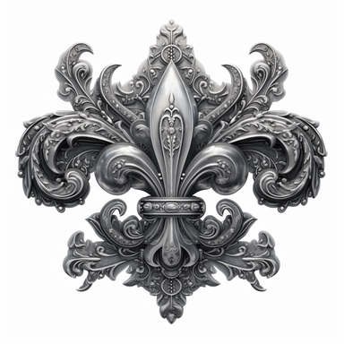 Clipart, gorgeous fleur de lis, black and grey colours, luminous, glowy, intricate, illustration, detailed, 8k, png, isolated on white background