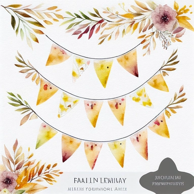 autumn bunting, watercolour watercolor,all white background, clipart
