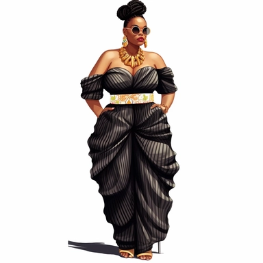 socialite black woman bods, plus size, long massive braids, full glam, fashion icon, talented and good vibes, dressy pant and couture frilly outfit, clipart, Juneteenth colors, white background
