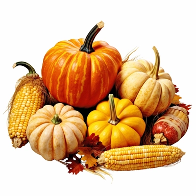 Vibrant autumn harvest, pumpkins, corn, apples, fall, clipart, white background, high quality--ar 1:1