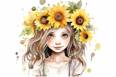 little country girl with pigtails and freckles, wearing a white frilly dress, surrounded by bright sunflowers, illustrative watercolour, cartoon style, clipart, white background,hyper detailed