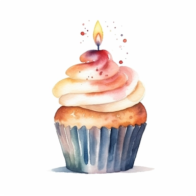 watercolor cupcake with birthday candle clipart, simple cupcake illustration on white background