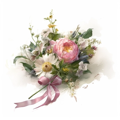 a simple gorgeous wildflowers and flowers corsage with ribbon and greenery on white background clipart, soft pink, cream, blush, and green color theme, watercolor painting realistic, high quality, vibrant, Vicente Romero Redondo, Willem van Aelst, Elsa Beskow