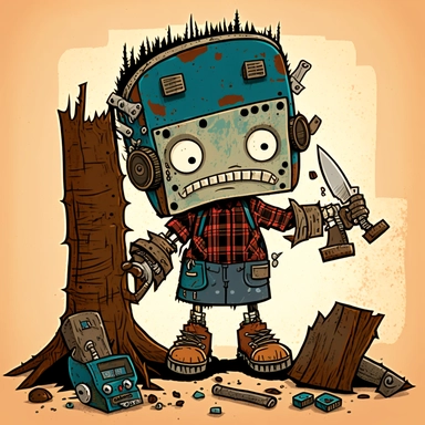 garbage pale kids format, pop surrealism digital art image of broken down, old, rusting, cartoonish, humanoid, child robot working as a lumberjack. The robot is wearing tattered, Paul Bunyun style uniform, made of clothing for humans. The robot is in an art style inspired by artists like Tara McPhereson, Nooligan, and Robin Eisenberg. To be used for digital clipart. Use dull, 1970's style, yellow, green, brown color scheme for the robot.