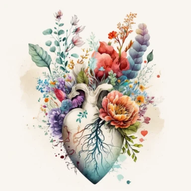 Generate a beautiful digital watercolor clipart illustrating flowers growing from a human heart, replacing the traditional vase. The art should evoke a sense of spring, with a variety of flowers in vibrant, spring-like colors. The heart from which the flowers grow should be detailed and realistic, adding a touch of whimsy and symbolism to the piece. The flowers should bloom from the realistic heart, they should bloom and be beautiful. A lot of flowers, spring vibes.