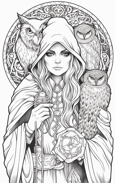 Coloring cartoon page for adult,witch clipart 6 witches, owl, in the style of reimagined by Dr. Seus, mystic mechanisms, illusory images, witchcore, lith printing ,clear and clean line art, white background