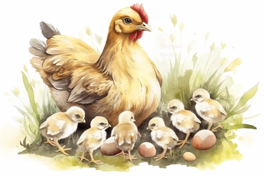 illustrate a Mother Hen with her baby chickens, cottagecore, clipart hd, white background, spaced out,