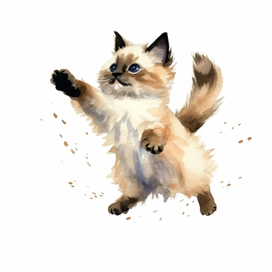 hand painted watercolor clipart, cream black colored birman kitten jumping in the air and leaping forward wants to grab something, profile view, excited expression on face, childlike innocence and excitement, full body visible, hairs are visible, visible tail, I can't believe how cute, professional watercolor drawing, watercolor paper texture on drawing, isolated on white background