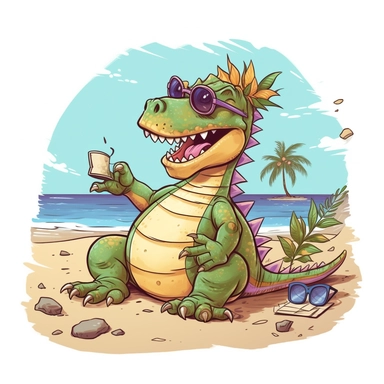 a foolish and cute dinosaur having fun at the beach , clipart style, white bg