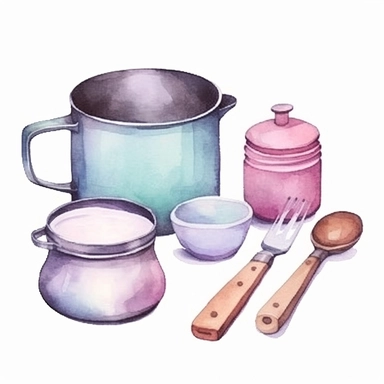 Cooking items art watercolor clipart, minimalist, soft pastel colors 8k, isolated transparent background, 4 times spaced out
