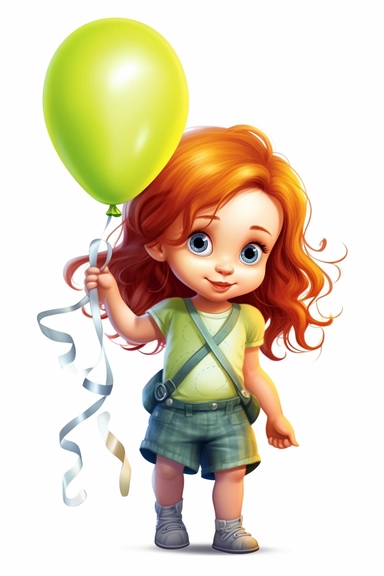 hp clipart,super cute 2 year old girl dressed in light summer clothes holding lemon green balloons in his hand, big blue eyes, long red hair, on white background, vector , fully detailed, full body figure view