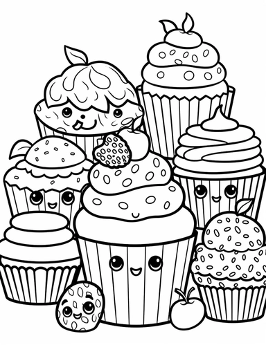 Kawaii muffins with delightful designs and flavors, like blueberry, chocolate chip, and banana For Simple Coloring page,line art, thick lines, black and white,clipart, illustration, on white background,margin Page 10px