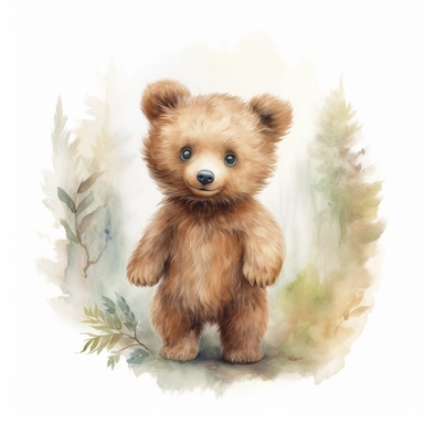 baby brown bear,neutral nursery art,cute bear, Baby attire,intricate,disney, baby light green,baby light blue, baby light ocher,hairy, cotton, beautiful trees,enchanted Forest,realism, watercolor painting, enchanted Forest, solid background, white background, vintage outfit, oil painting, photobashing, tattoo design,clipart--v 5.1