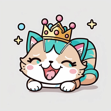 vector art style clipart of a very happy cat chewing a toy, beautiful eyes, tiara on its head, kawaii style, sticker style, white outline, white background