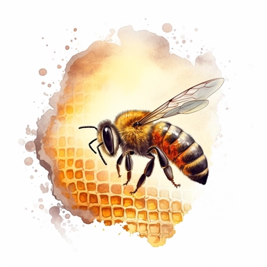 watercolor, A honey bee hovering near a beehive entrance, carrying a load of pollen on its hind legs, with a focused expression, with a honeycomb pattern as the coat or attire. (Digital drawing clipart, image black border color, full body, flat texture, transparent background, disney style)