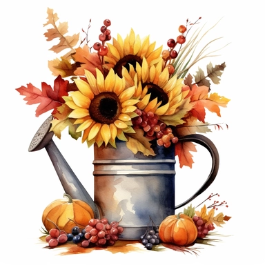 a ultrarealistic watercolor illustration of a composition of a autumn composition with sunflower bouquet in rustic watering can,Autumn arrangement,Farmhouse rustic fall decor,harvest Thanksgiving clipart, in the style of realistic watercolor paintings, terracotta colors, bloomcore, high resolution, white background