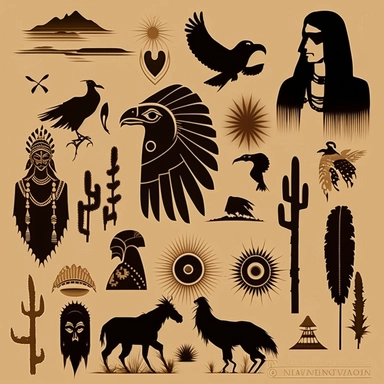 black silhouette native American symbols clipart tan background