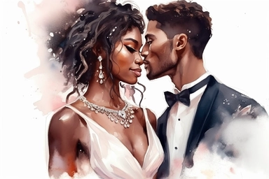 Black skin bride in a white wedding dress with diamonds and with beautiful jewelry, rich and glamour, long beautiful hair, beautiful lips and long eyelashes glamour and the groom in a tuxedo smile watercolor clipart