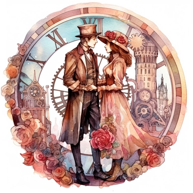 Steampunk ClipArt Watercolor illustrating a Victorian couple sharing a moment under the shadow of a steampunk clock tower, its face and hands crafted from rotating cogs. The lady's attire includes a bustle skirt and parasol filled with gear details, while the gentleman's attire showcases mechanical cufflinks and gear-shaped buttons. All amid roses created from intertwining metallic gears and captured in hues of rich red and blush pink, hyper-realistic, white background, intricate details