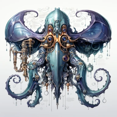 Steampunk octopus prototype, full body, watercolor, gears, pinions, calipers, clocks, rivets, top hat, clipart, duo tone, realistic, ultra resolution, vivid detail, 8k, minimal watercolors, white background