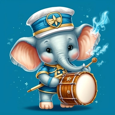 cute baby elephant as a marching band cymbals player, nursery wallpaper clipart naive art