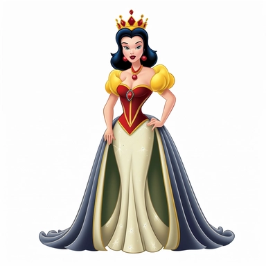 FULL-BODY PERSPECTIVE OF A 2D DISNEY CLIPART ILLUSTRATION OF A BEAUTIFUL AND BENEVOLENT QUEEN, WHITE BACKGROUND, STYLE OF DISNEY'S 1937 MOVIE SNOW WHITE, WHITE BACKGROUND