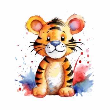 a colorful tigger with kind eyes clipart with watercolor illustration,full body shot,8k,etsy style, white background